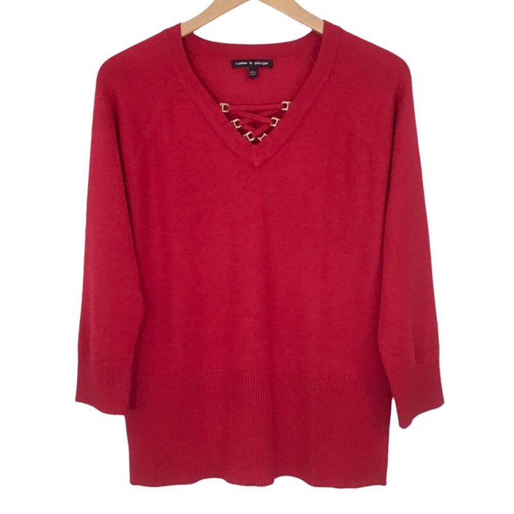Cable & Gauge Crisscross V-Neck Red Sweater Size L Large Wide Ribbed Bottom